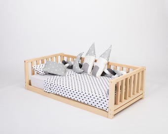 Montessori Toddler Floor Bed with Rails, Low Platform Bed Frame for Kids