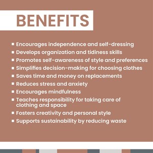 Infographic chart outlining child development benefits such as promoting independence, mindfulness, tidiness, and personal style.