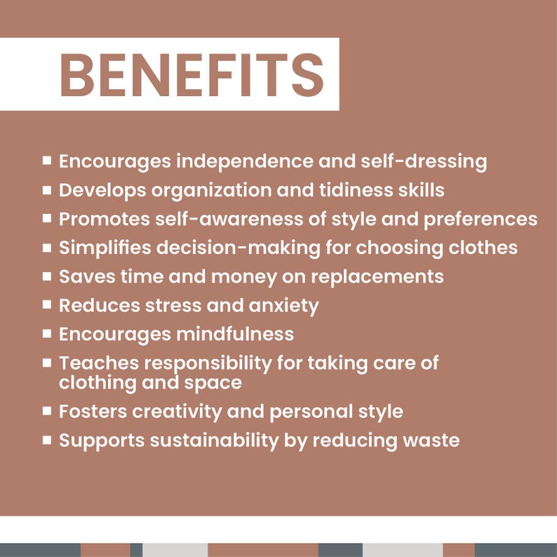 Infographic chart outlining child development benefits such as promoting independence, mindfulness, tidiness, and personal style.