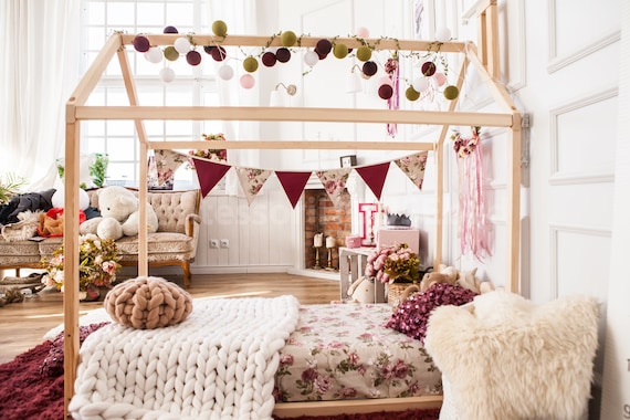 Toddler House Bed Montessori Floor Bed Teepee Bed Kid Bed Wood Bed Children Home Waldorf Toy Children Bed Kids Bedroom Floor Bed