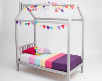 Solid Wood House Bed Frame, Montessori Toddler Bed with Headboard, Canopy Bed for Boys and Girls