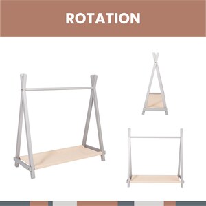 Technical product drawing illustrating front, side, and isometric views of a grey wooden clothing rack with a lower storage shelf.