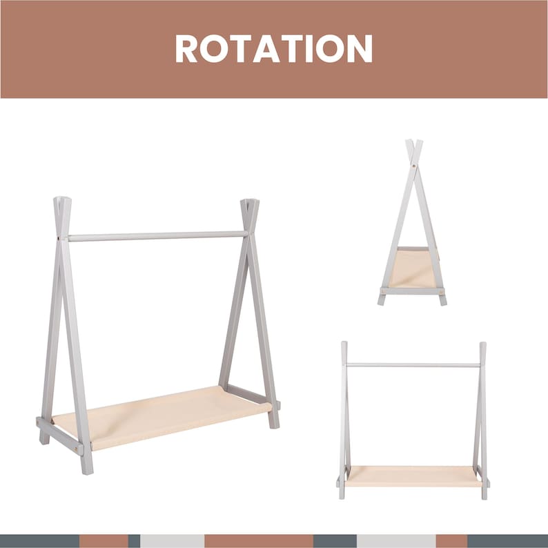 Technical product drawing illustrating front, side, and isometric views of a grey wooden clothing rack with a lower storage shelf.