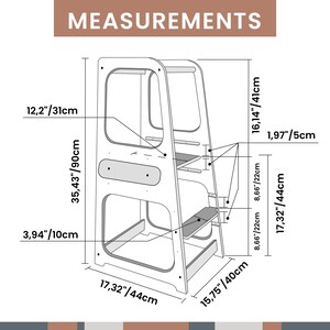 Product measurement guide showing total frame height, step width, and 3-level platform positions for home space planning.