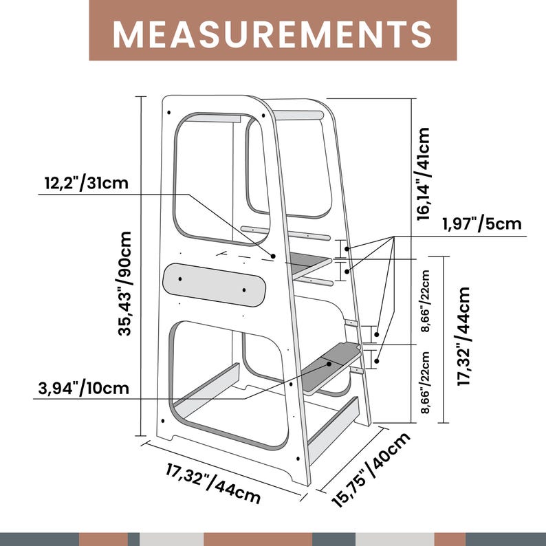 Product measurement guide showing total frame height, step width, and 3-level platform positions for home space planning.