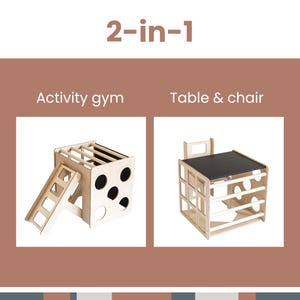 Product infographic displaying the two-in-one transformation between an indoor activity gym and a table set.