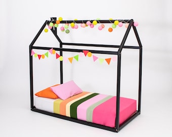 Montessori Wood House Bed Frame, Toddler Platform Bed, Kids House Bed