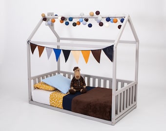 Maison en forme de maison en forme de lit Montessori cadre de lit de sol Taille de lit d’enfant, Taille de lits jumeaux ou Cadre de lit simple Lit de sol pour tout-petit Lit montessori