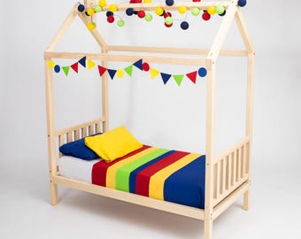 Kids house bed with rails, Playhouse bed Solid wood kids bed frame Montessori bed Daybed for kids, Junior bed for kids Canopy bed for kids