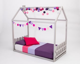 Montessori Toddler Floor Bed, Solid Wood House Bed Frame for Kids, Children's Bed