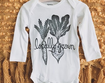 Handprinted Organic Cotton Baby Onesie | Locally Grown Design | Boho Baby Shower Gift | New Mom Gift Basket | Newborn Announcement