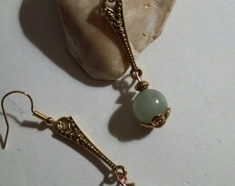 Boucles d'oreilles pendantes et gouttes, Boucles d'oreilles perle en aventurine verte, Cadeaux d'anniversaire, style art déco