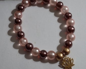 Brown glass bead bracelet, pearly pink, Golden lotus flower bracelet, Gifts, Grandma gift, Godmother gift, Jewelry