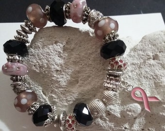 Beaded bracelet, Bracelet, Elastic bracelet, Black, Pink, Silver, Gifts, Pink ribbon bracelet, fight against cancer