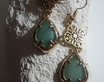 Aged gold brass diamond earrings, Green aventurine earrings, Gifts for her, Gifts, Jewelry, art deco style