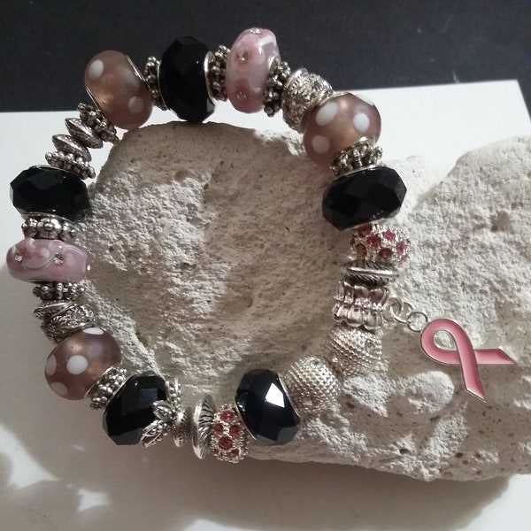 Bracelet perles, Bracelet, Bracelet élastique, Noir, Rose, Argent, Cadeaux, Bracelet ruban rose, lutte contre le cancer