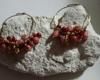 Créoles en laiton doré, perles en verre de bohème, Boucles d'oreilles perles rose, rouge, Cadeau pour elle, Bijoux, Saint Valentin