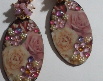 Wooden earrings, flowers and rhinestones, glass bead earrings, handmade earrings, Mother's Day