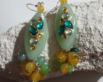 Long green glass bead earrings, Earrings, Jewelry, Women's jewelry, Gift for her