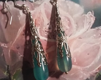 Boucles d'oreilles  perle de gemme en Agate bleu forme de goutte, Boucles d'oreilles pendantes, Fête des mères, Bijoux, cadeau pour elle