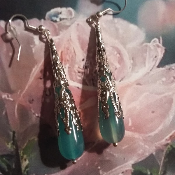 Boucles d'oreilles  perle de gemme en Agate bleu forme de goutte, Boucles d'oreilles pendantes, Fête des mères, Bijoux, cadeau pour elle