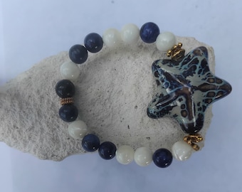 Porcelain star bracelet, Lapis Lazuli gem beads, natural mother-of-pearl beads.