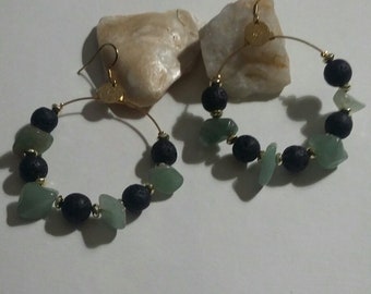 Golden hoop earrings, green aventurine beads, black lava stone, hoop earrings, earrings, handmade creation, gift for her