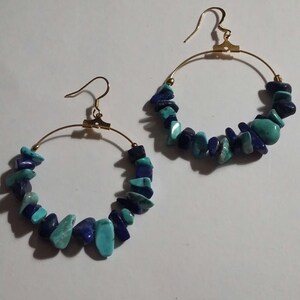 Turquoise gemstone hoops, navy blue lapis lazuli, gift idea, gift for mom, gift for godmother, women's jewelry image 2