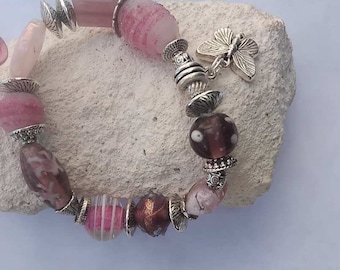 Pink bohemian glass bead bracelet, butterfly bracelet, Gift for Mom, Jewelry