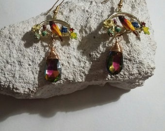 Bird earrings on its branch, Dangling earrings, jewelry, Gift for her, Art Deco, Earrings.
