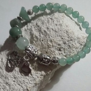 Bracelet en pierre de gemme Aventurine verte, Bracelet avec breloques argent, Bracelet élastique, Bijoux femme, Cadeaux, Cadeau pour elle image 1