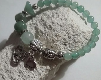Green Aventurine Gemstone Bracelet, Bracelet with Silver Charms, Elastic Bracelet, Women's Jewelry, Gifts, Gift for Her