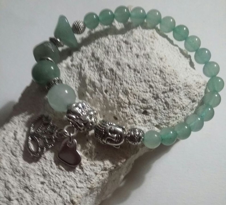 Bracelet en pierre de gemme Aventurine verte, Bracelet avec breloques argent, Bracelet élastique, Bijoux femme, Cadeaux, Cadeau pour elle image 1
