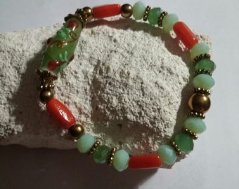 Beaded bracelet, orange, green, Elastic bracelet, Lampwork bead bracelet, Jewelry for an occasion, Gifts for mom