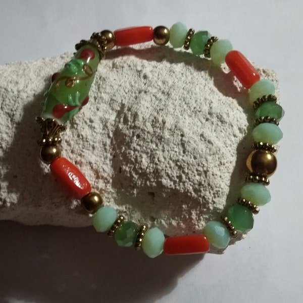 Bracelet perles, orange, vert, Bracelet élastique,  Bracelet en perle Lampwork, Bijoux pour une occasion, Cadeaux pour maman