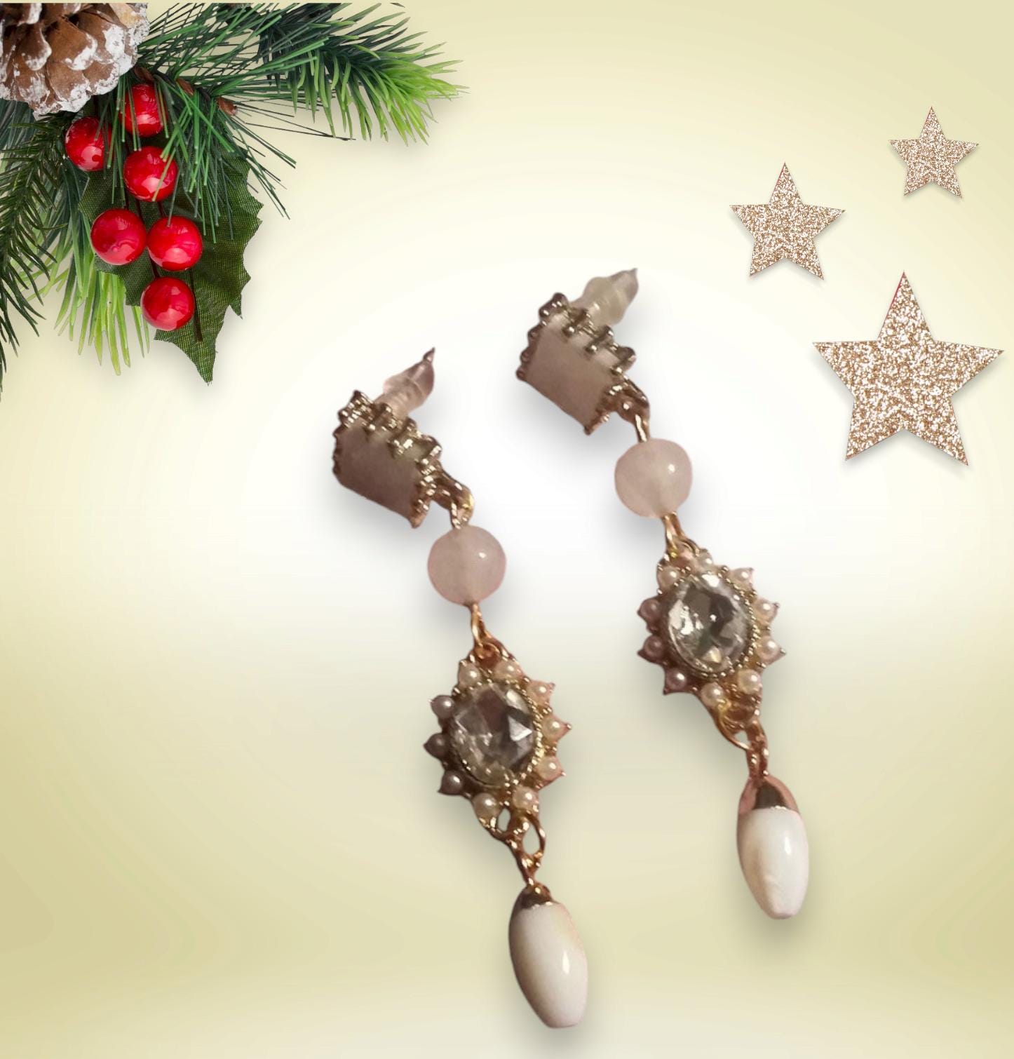 Boucles D'oreilles Pierres Cubes Marron Et Nacre Multicolore - Pendantes, Fermoir Crochet