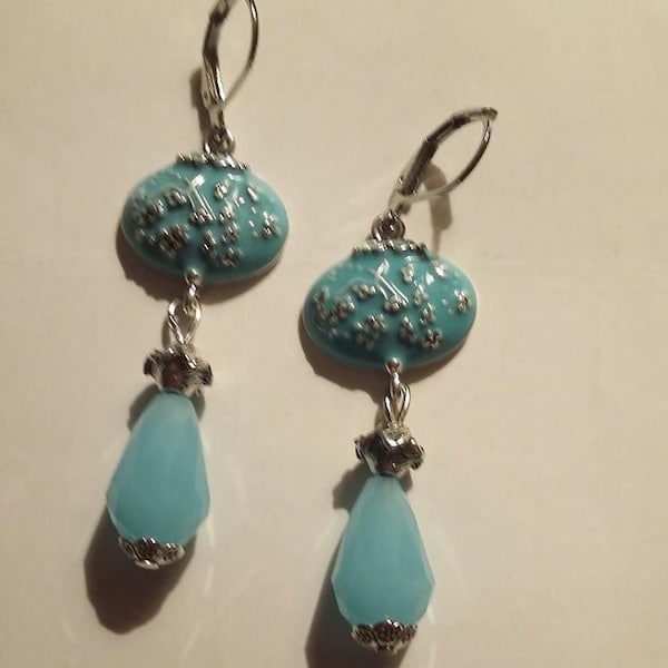 Boucles d'oreilles argent 925 sterling, perle  en verre  de bohème goutte turquoise