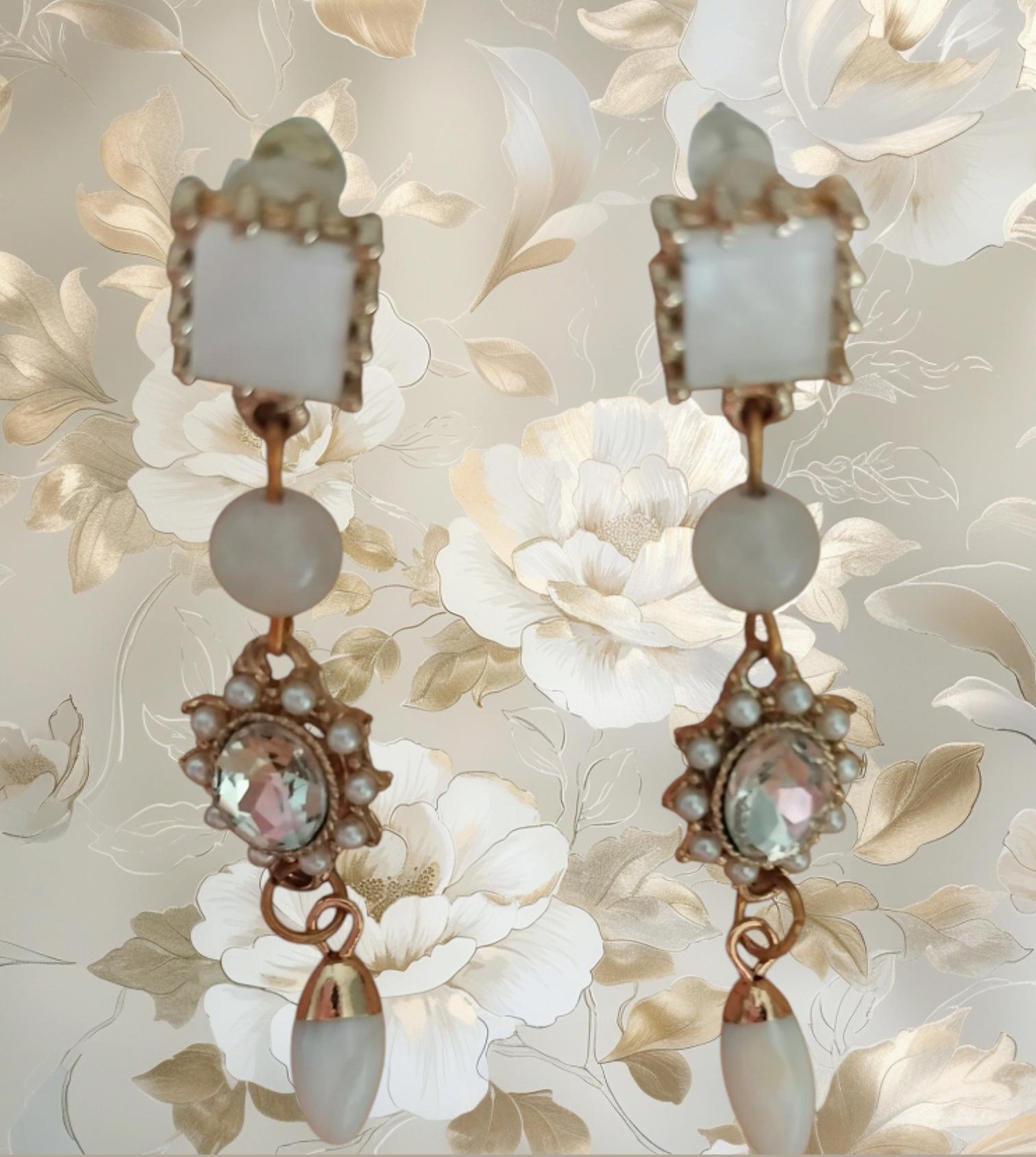 Boucles D'oreilles Pendantes Vintage En Os Et Nacre - Style Art Déco, Fermoir Dormeuse