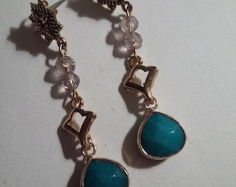 Jade drop earrings, Long earrings, gold, blue, earrings, Gifts, Gift for mom, Art deco.