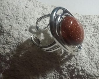 Silver plated ring, Brown Gold Stone gemstone cabochon ring, Gift for her, Mother's Day, Costume jewelry, Birthday