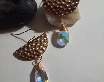 Golden brass half moon earrings, Transparent crystal charm earrings, Jewelry, Dangle earrings