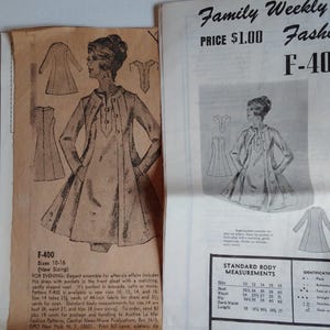 May include: A vintage sewing pattern for a dress and coat ensemble. The pattern is for sizes 10-16 and includes instructions for making a dress with pockets and a matching coat. The pattern is from Family Weekly Fashion and is priced at $1.00.