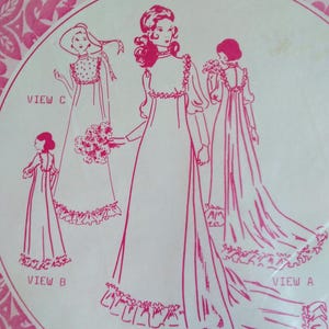 May include: A pink and white illustration of vintage women's dresses. The dresses are depicted in different views, with details like ruffles, sleeves, and floral accents. The image is set within a circular frame with a pink floral pattern.