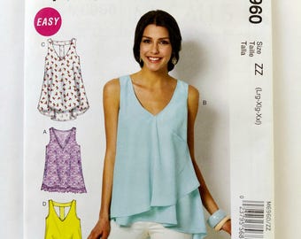 McCall's 6960 Sleeveless Pullover Top Pattern, Sizes LARGE, XL, XXL, Uncut, Factory Folded