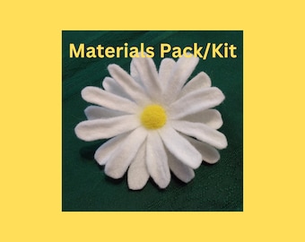 Felt Daisy Flower Materials Pack - Kit with Wool Felt, Wool Roving, and Template - Choice of Pinback to Make Brooch or Clip for Hair