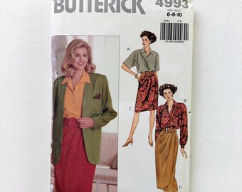 Mock Sarong Skirt, Blouse, and Jacket Pattern - Butterick 4993 - Misses' Sizes 6 8 10 - UNCUT, FF