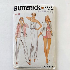 May include: A Butterick 3705 sewing pattern envelope for size 10, labeled Bagatelle. The front features illustrations of three outfits: a pink striped jacket with white trousers, a white strapless top with trousers, and a white jacket with pink shorts.