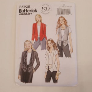 May include: A sewing pattern for four different styles of jackets. The pattern is from Butterick, a well-known sewing pattern company. The pattern number is B5928 and the sizes are 14-16-18-20-22. The pattern is for a jacket with a draped front and a collarless neckline.