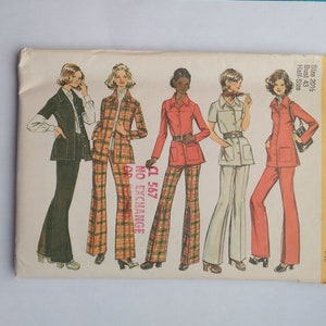 May include: A vintage Simplicity sewing pattern for a pantsuit. The pattern shows five different women wearing the pantsuit in various colors and patterns. The pattern number is 5247 and the size is 20 1/2, bust 43, half-size. The pattern includes instructions for making the pantsuit, as well as a list of materials needed.
