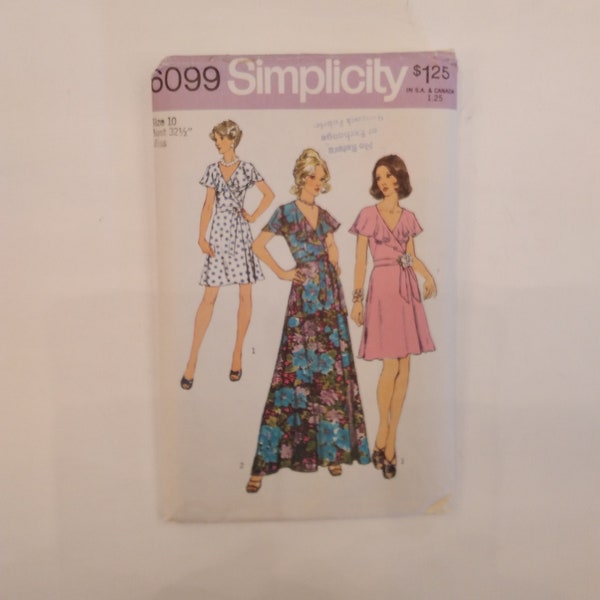 Vintage 1970s Simplicity Pattern 6099 -  Front Wrap Dress in Two Lengths  - Size 10 (Bust 32 1/2") - Complete Sewing Pattern